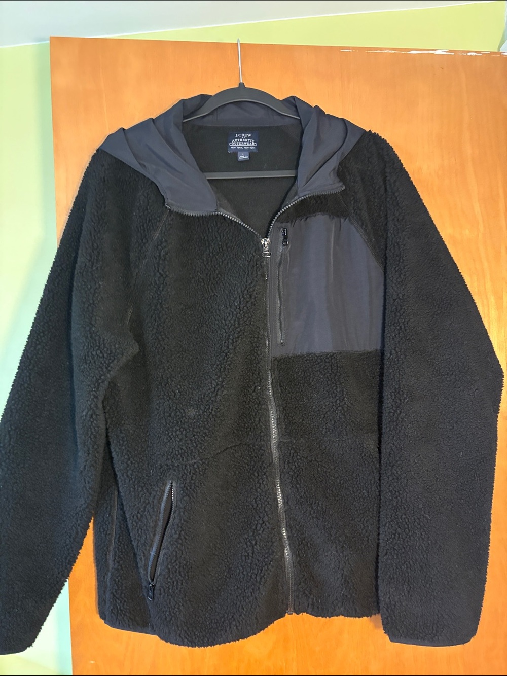 J. Crew Black Sherpa Hoodie Jacket with Nylon Chest Panel